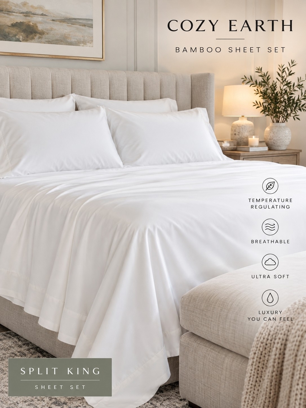 Cozy Earth Bamboo Sheet Set Split King White NWT Luxury Cooling Sheets